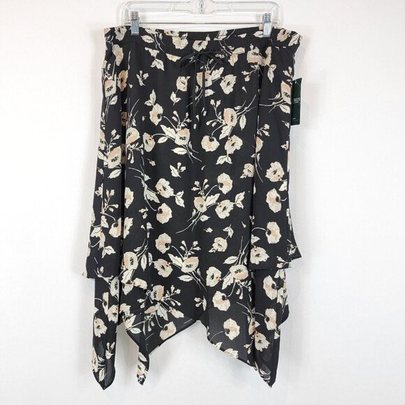 Ralph Lauren Dresses & Skirts - Ralph Lauren LRL Floral Midi Skirt Womens Size 1X Black Flowy Asymmetrical Hem